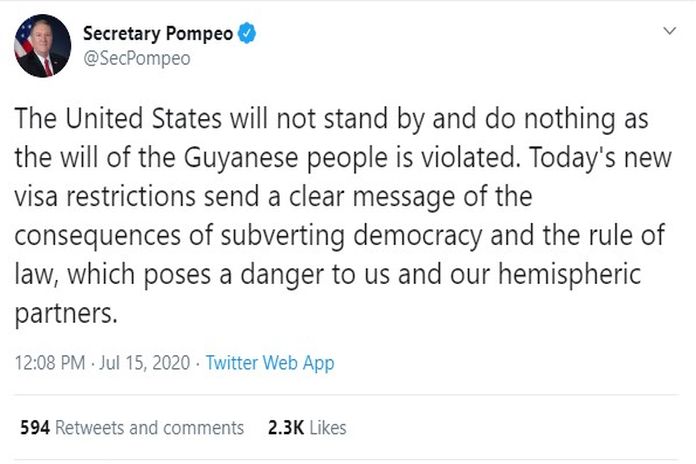 Caribbean News Global pompeo US imposes visa restrictions on Guyanese individuals undermining democracy  
